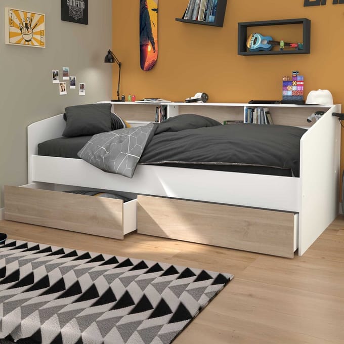 Lit banquette couchage 90x200 avec tiroirs et niches Sleep