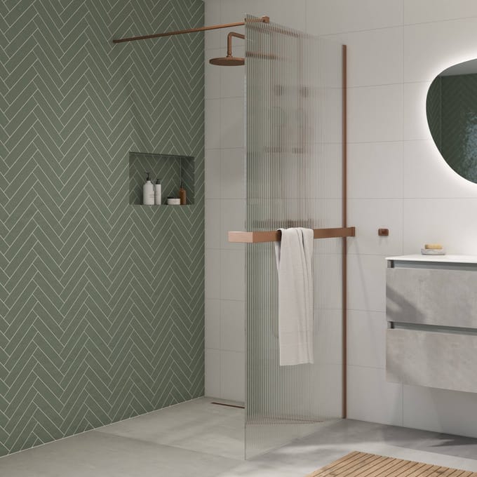 Saqu Modulo inloopdouche incl. antikalk 100x210cm geribbeld glas met handdoekhouder geborsteld koper
