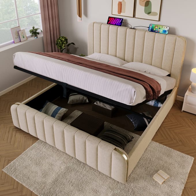 MODFU Gestoffeerd Opbergbed – 180x200 cm – USB-C & Hydraulisch – Linnen – Beige