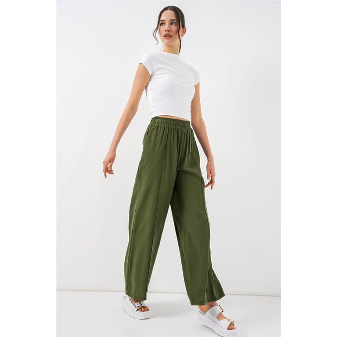 Brede Pijpen Broek met Elastische Taille