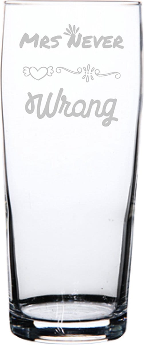 Gegraveerde bierfluitje 19cl Mrs. Never wrong