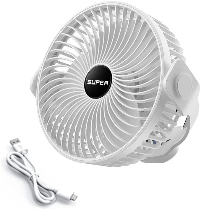 Draagbare campingventilator, oplaadbare ventilator op batterijen met haak, USB-ventilator met ophangkoord
