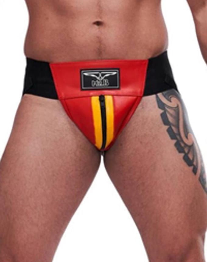 Mister B leren circuit jockstrap rood met gele bies - medium