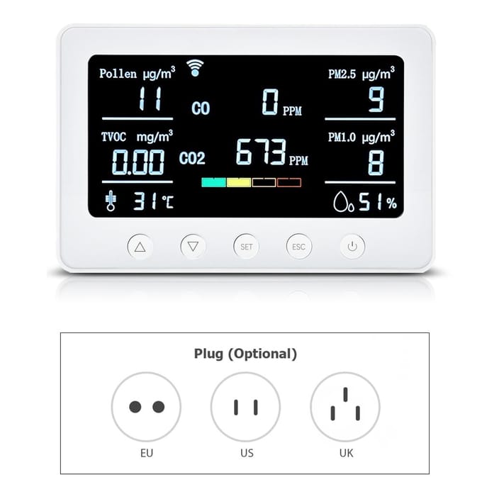 2,4GHz WiFi-luchtkwaliteitsmonitor 8-in-1 CO2/CO/PM2.5/PM1.0/TVOC/Pollen/Temperatuur en vochtigheid EU Plug wit
