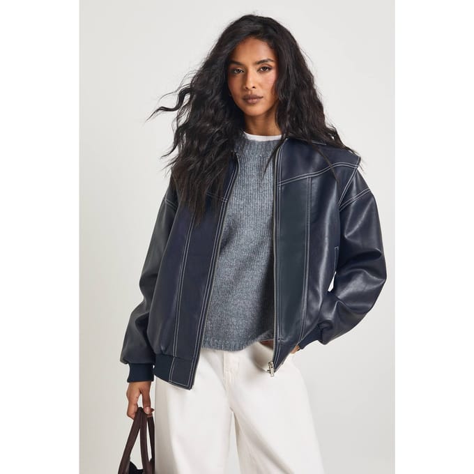boohoo Dames Kunstleren Bomberjack met Contrasterende Stiksels | Navy | Maat: 12