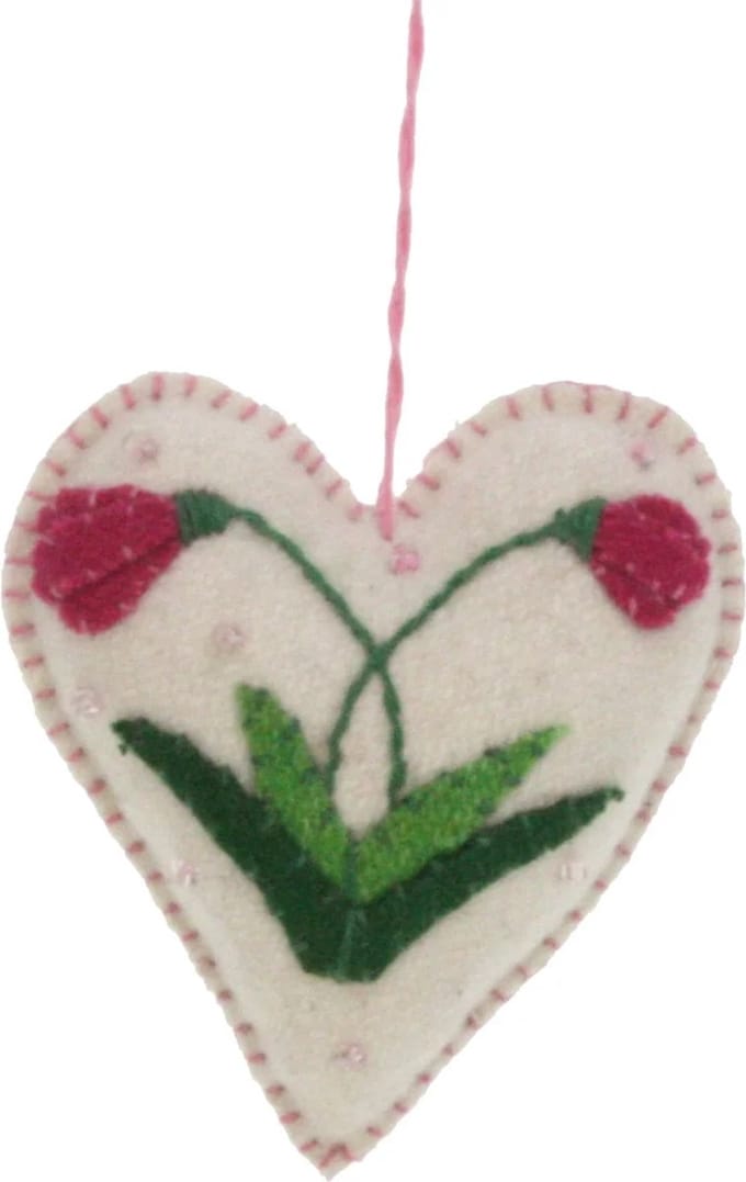 Hart wit Roze bloemen, vilt 6,5x2x7cm