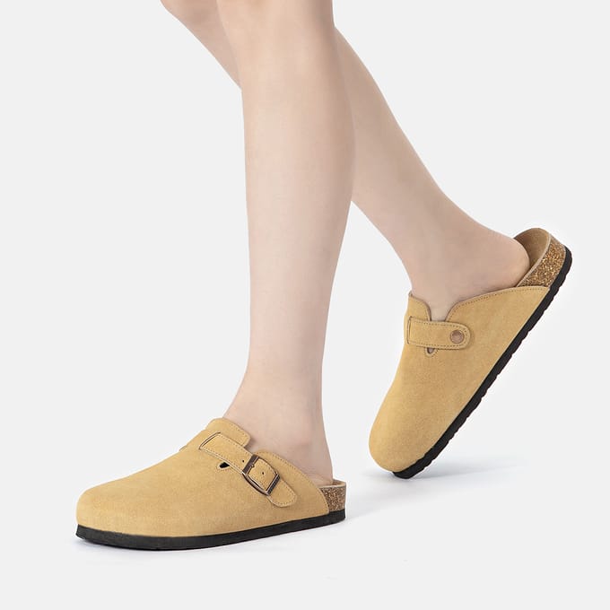 EVER AU Vrouwen Pintail Leren Comfort Klomp Sandalen - Camel Suede