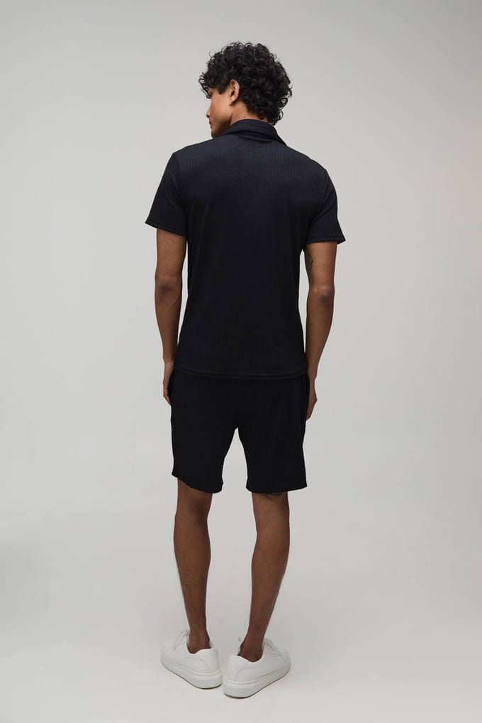 Jersey Gestructureerde Geribbelde Slim Fit Polo & Relaxed Short Set | Black | Size Medium