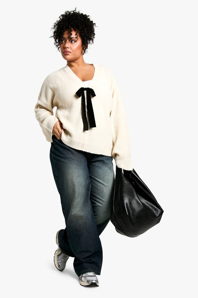 boohoo Dames Plus Cardigan met strikdetail | Creme | Maat: 54