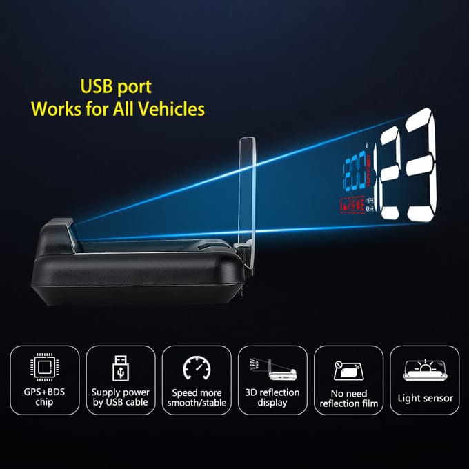 Auto HUD Display, HUD Head Up Display Snelheidsmeter Auto Veilige Rijcomputer Snelheid zwart