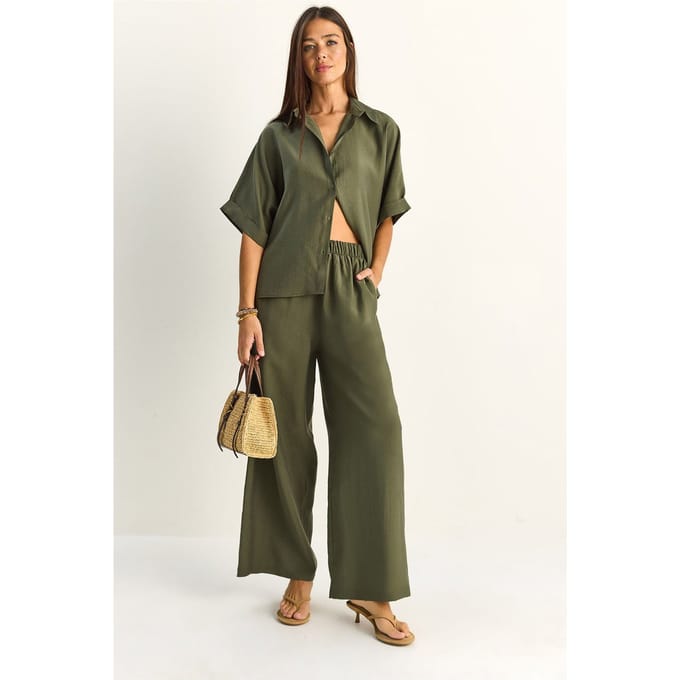 Hoge Taille Brede Pijpen Twee-Delig Co-ord Set met Kraag