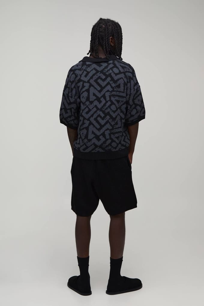 Oversized Boxy Polo Met Abstract Jacquard Breipatroon | Charcoal | Size Large