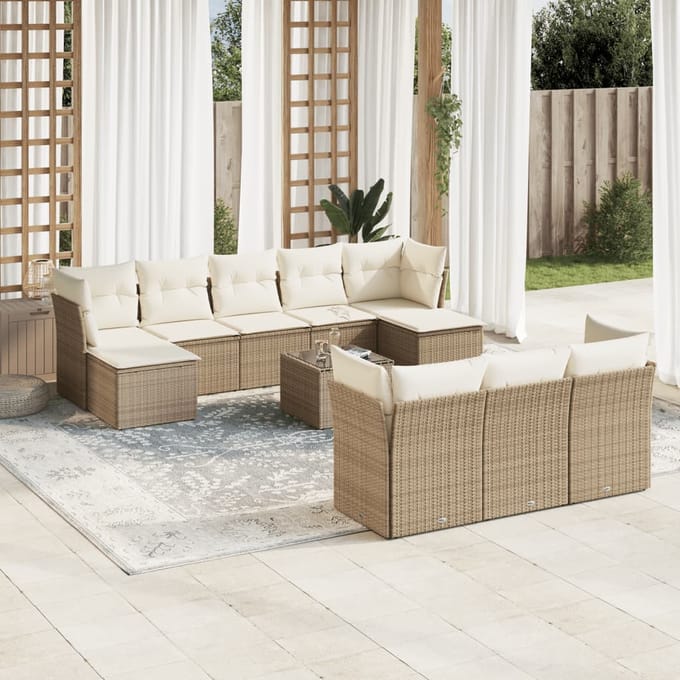 vidaXL - 11-delige - Tuinset - met - kussens - poly - rattan - beige