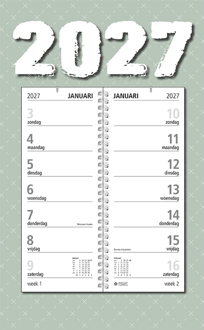MGPcards - Omlegweekkalender 2027 - Week begint op zondag - 21 x 34 cm - Groen