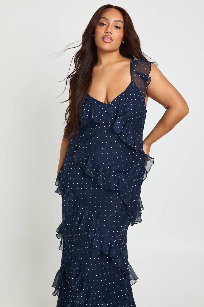 boohoo Dames Plus Polka Dot Ruffle Maxi Jurk | Marineblauw | Maat: 44