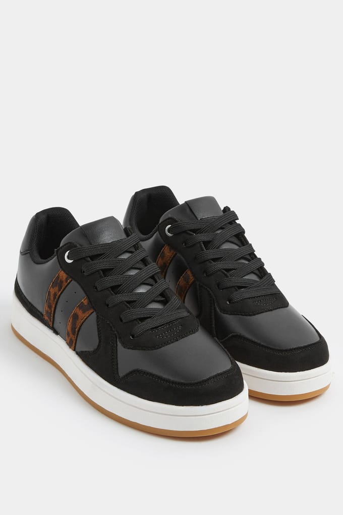 Yours Zwarte, Gevoerde Vetersneakers Met Luipaardprint In Brede Epasvorm.Size 42E