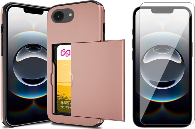 Hoesje met Pasjeshouder geschikt voor iPhone 16e - Screen Protector GlassGuard - Back Cover SlideCase Roségoud & Screenprotector