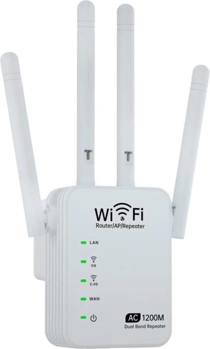 DrPhone WR5 - Wifi Versterker - Range Extender - 5GHZ + 2.4GHZ Dual Band Repeater - Router - 4 Antenne/4 werkingsmodi & WAN/LAN ingang – Wit