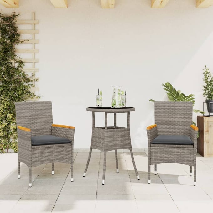 vidaXL - 3-delige - Tuinset - met - kussens - poly - rattan - en - glas - grijs