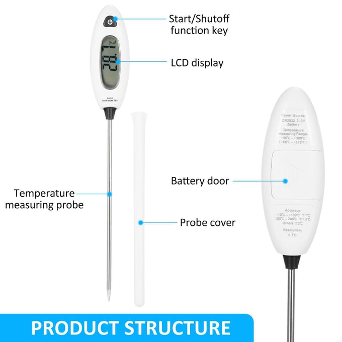 GM1311 Voedselthermometer Direct Afleesbaar Digitaal Vlees LCD Voedselthermometer Met Temperatuurvergrendeling, wit