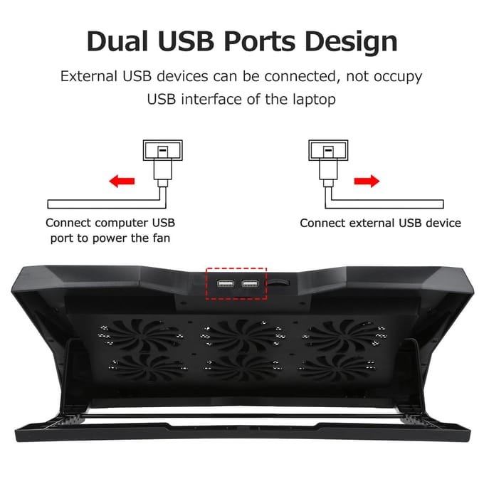 Opvouwbare laptopkoeler 6-ventilatoren Laptopkoelstandaard Laag geluidsniveau met 6-standen verstelbare hoogte Dubbele USB zwart