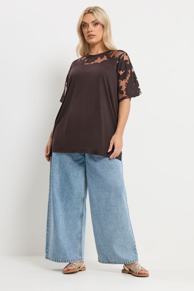 Yours Chocolade Bruin Bloemig Burnout Boxy Tshirt Size 42