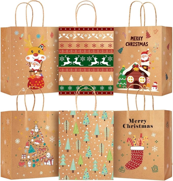 12-Pack Kerst Cadeauzakken van Kraftpapier met Handvatten, 6 Verschillende Kerstontwerpen