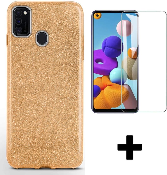HB Hoesje Geschikt voor Samsung Galaxy A20S - Goud - Glitter Back Cover + Tempered Glazen Screenprotector
