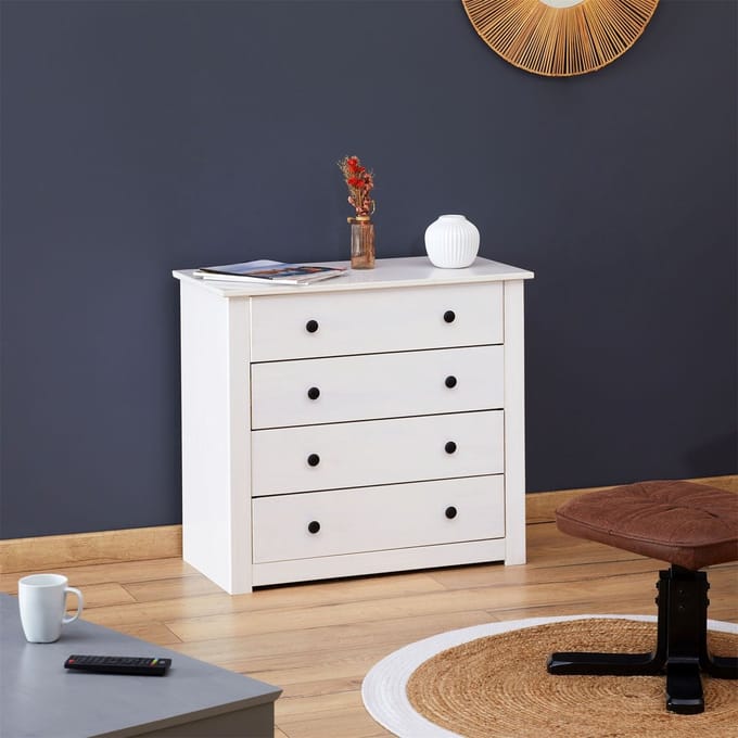 Commode PAULO met 4 lades, grenenhout in wit