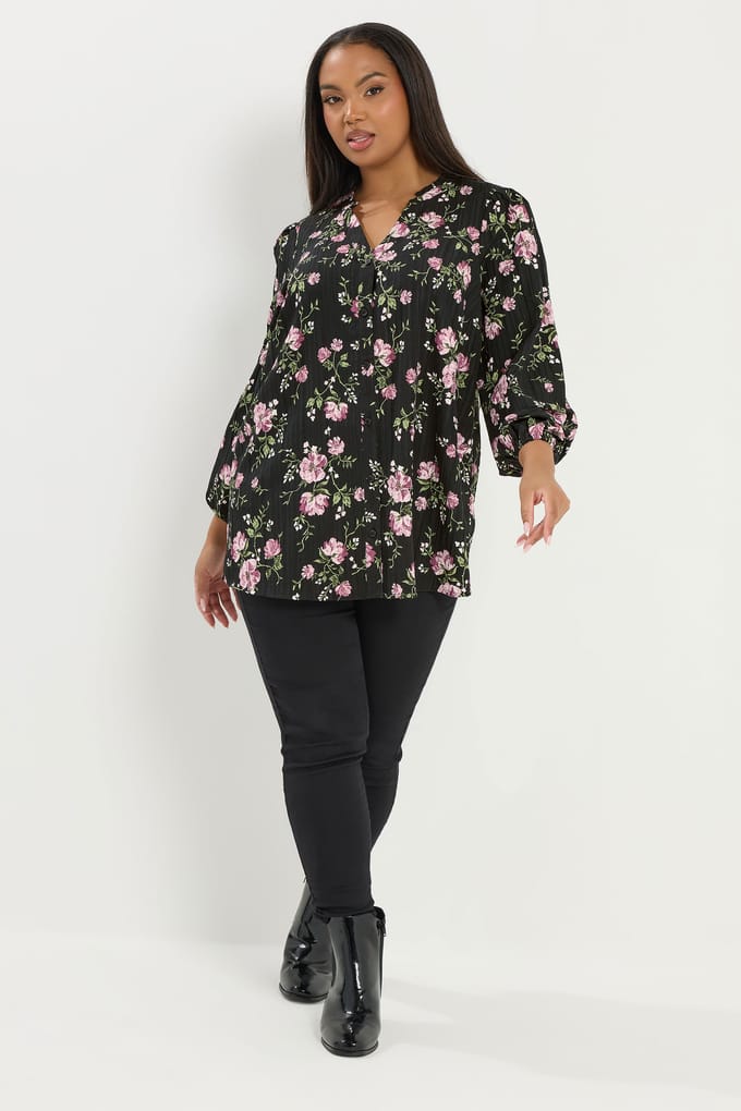 Yours Zwarte Blouse Met Bloemenprint En Inkeping Size 48