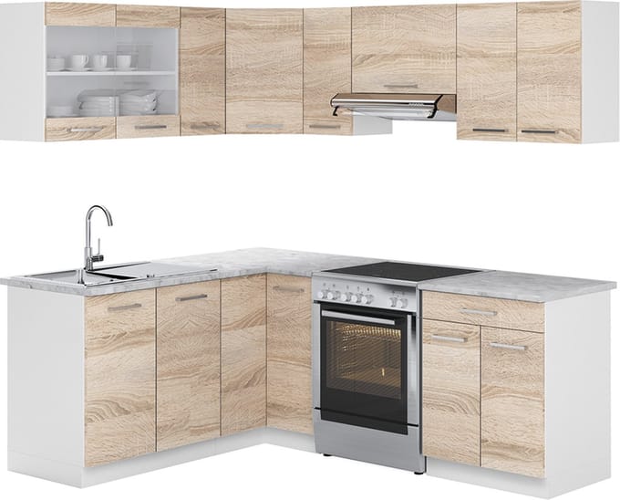 Vicco Hoekkeuken R-Line, Sonoma/Wit, 207 x 167 cm, WB Marmer