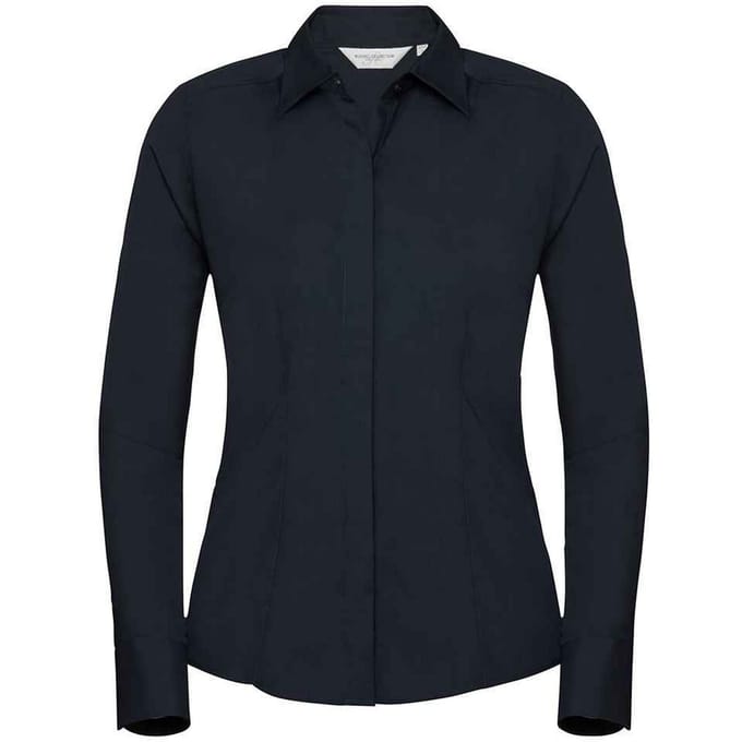 Russell Collection Dames/Dames Poplin met Lange Mouwen Formeel Overhemd (Franse marine)