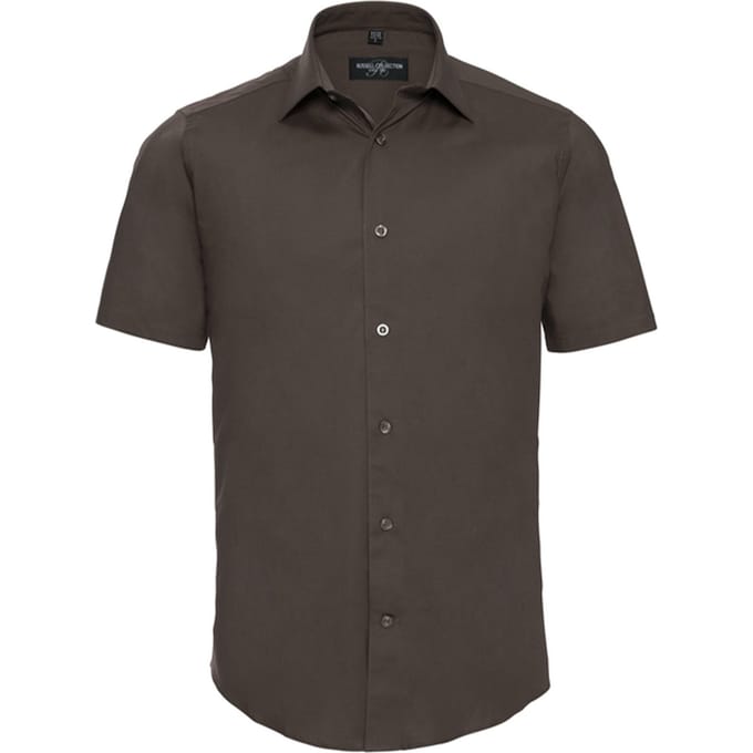 Russell Collection Heren Stretch Overhemd Met Korte Mouwen (Chocolade)