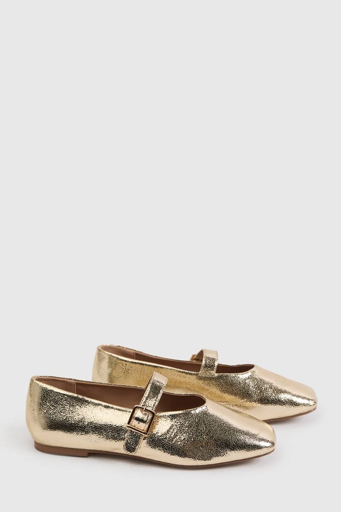 boohoo Dames Extra Brede Pasvorm Ballerina's Met Vierkante Neus | Goud | Maat: 37