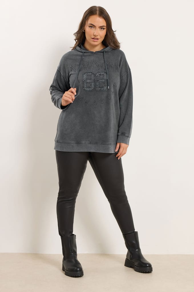 Yours Charcoal Grey 'New York' Geborduurde Slogan Hoodie Size 48
