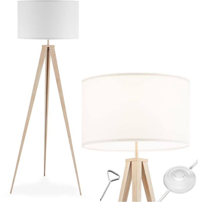 tectake® Vloerlamp - Staande lamp 3-poot - 158 cm hoog - Linnenlook kap - Voetschakelaar - Eiken/wit