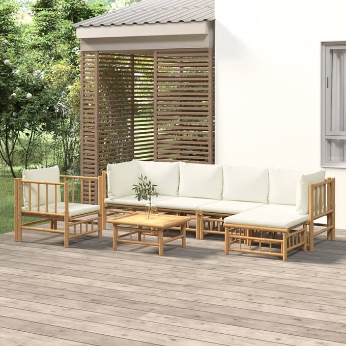 vidaXL - 7-delige - Loungeset - met - kussens - bamboe - crèmewit