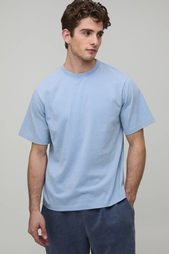 Essential Gewassen Boxy Heavyweight T-shirt | Washed Light Blue | Size Large