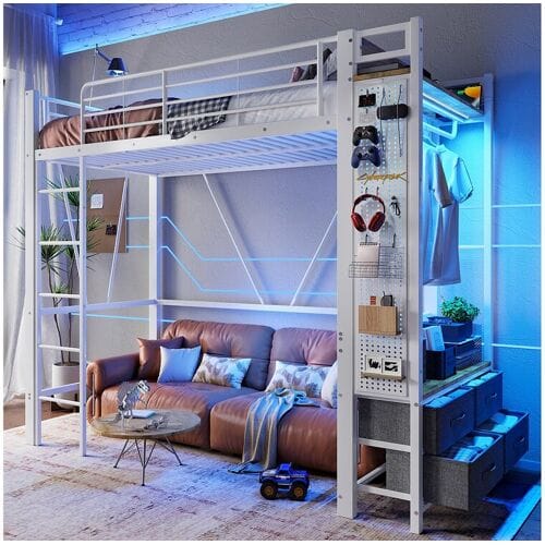 Merax Kinderhoogslaper - 90 x 200 cm - ijzeren structuur - met planken + 4 lades + LED's - metaal - wit