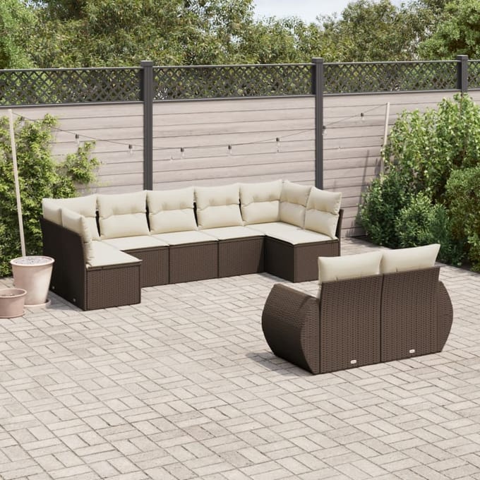 vidaXL - 9-delige - Loungeset - met - kussens - poly - rattan - bruin
