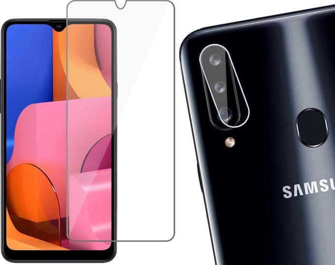 Screenprotector geschikt voor Samsung A20s + Camera Lens - Glas Screen Protector