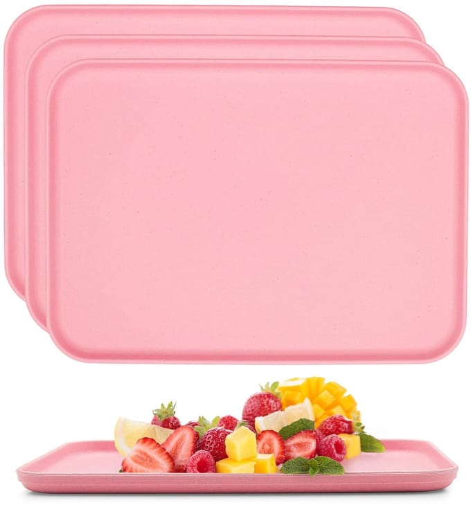 Set of 4 Rectangular Plastic Trays for Kitchen, Drinks, Snacks, Tea, Coffee, Breakfast, Lightweight and Durable (Pink) - ShopVlot