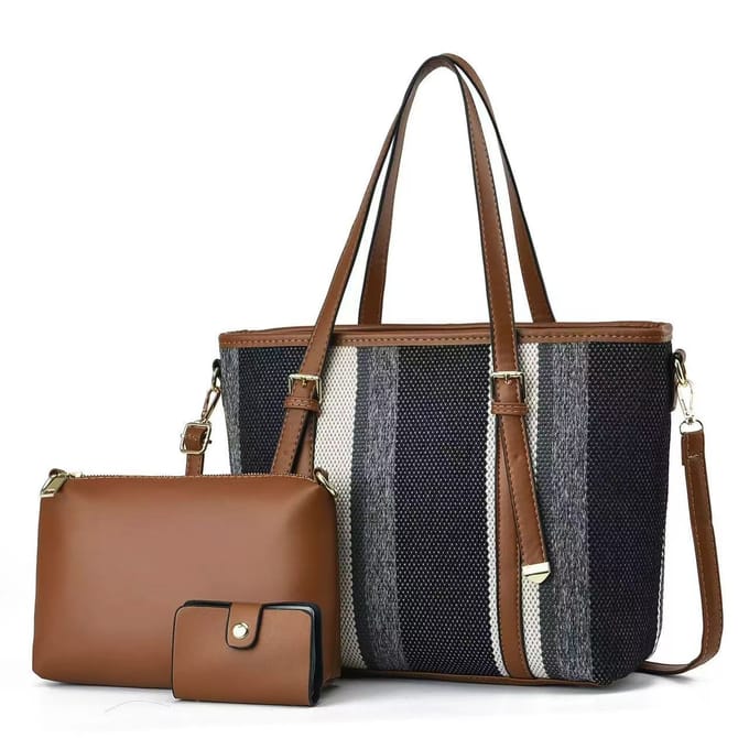 Sac trois pièces en toile texturée, style patchwork tendance, grande capacité, pour femme . black