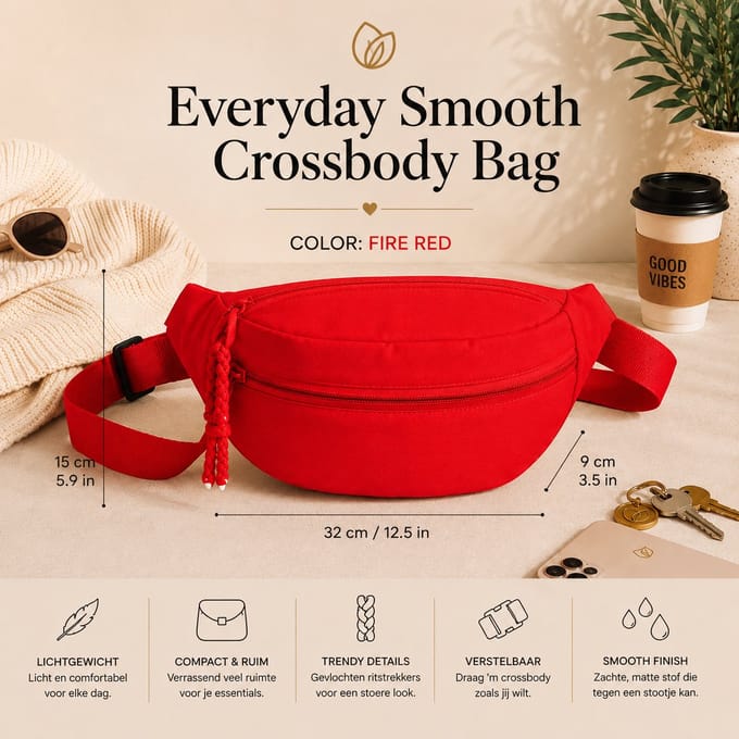Everyday Smooth Crossbody Bag – Rood - Verstelbaar Schouder- & Heuptasje – Dames - Festivals + Reizen