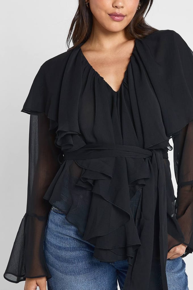 boohoo Dames Chiffon Bloes met ruches en strik in de taille | Black | Maat: 6