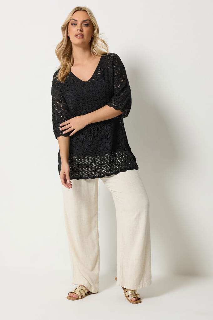 Yours Zwarte Gehaakte Top Met Ronde Hals Size 50-52