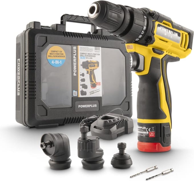 Compacte 4-in-1 multifunctionele schroevendraaier 12V POWXBOX001 – incl. batterij 12V en 2.0Ah lader