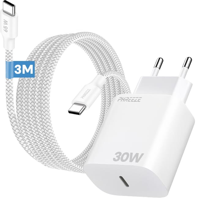30w oplader met usb C poort met usb C kabel 3 meter gevlochten wit