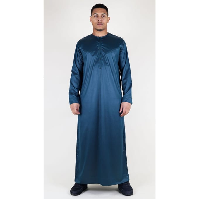 Marineblauwe Thobe-gewaad voor heren, satijn Emirati Islamitische Jubba Eid, normale pasvorm