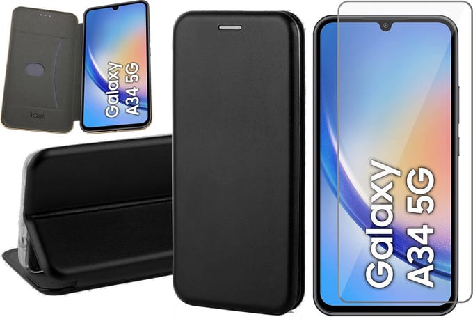 Hoesje geschikt voor Samsung Galaxy A34 - Screen Protector GlassGuard - Book Case Kunstleer ThinShield Zwart & Screenprotector